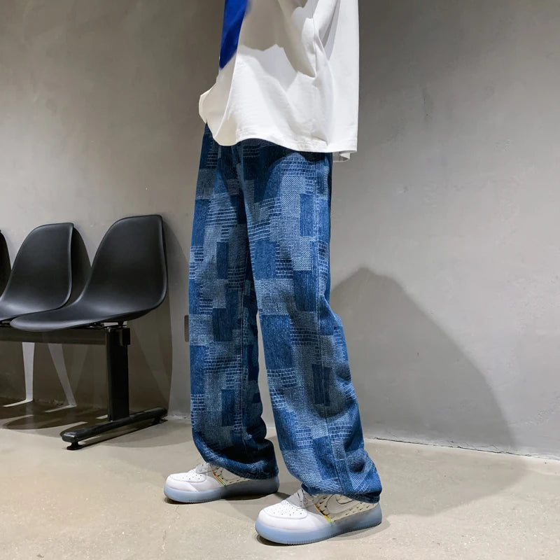 blue black plaid jeans men retro casual wide leg jeans mens streetwear loose hip hop straight denim trousers men vintage jeans urban skinny jeans