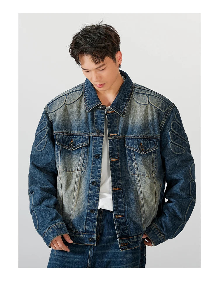 graphic outerwear featuring 2024 spring autumn new oversized armor padded jean coat for men turtle shell ripped denim jacket for men super size clothes design – premium quality jacket for men