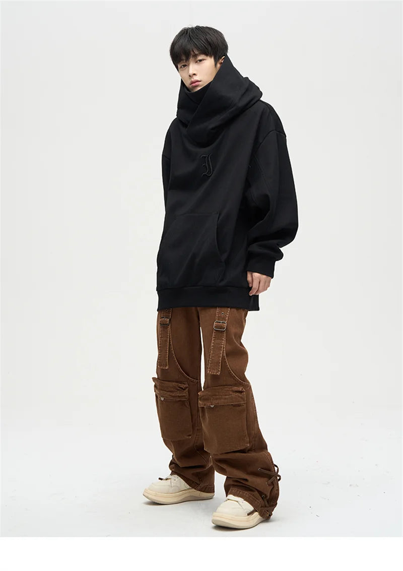 Autumn Ninja Streetwear Turtleneck Hoodies For Men Letter Embroidered Hip Hop Fashion Sweatshirts Y2K Vintage Fleece