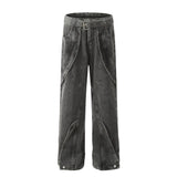 american high street vibe fashion splice jeans mens belt loose casual vintage wide leg straight denim baggy jeans pants trouser unique jeans style 1449