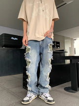 side destroyed ripped holes denim jeans pants mens casual patchwork camouflage loose straight joggers hip hop streetwear jeans streetwear sweatpants
