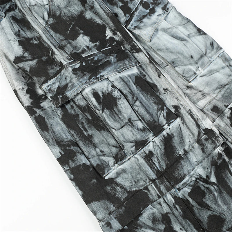 vintage dirty tie dye baggy jeans men multi pocket loose white straight jeans trousers luxury designer oversized denim pant unique jeans style 2940
