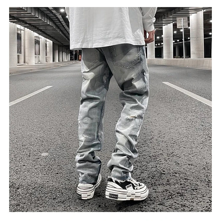 original tie dyed ripped flared denim jean for men streetwear washed hole casual stacked jeans pants mens slim fit jeans 2023 unique jeans style 3747