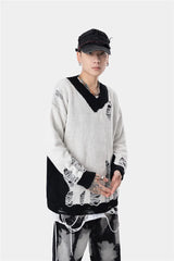 hip hop streetwear knitted sweater sweater 2022 mens harajuku ripped holes new casual v neck tops cotton loose pullover sweaters - graphic printed hoodie for men and women, 2025 streetwear drop, soft fleece-lined outerwear