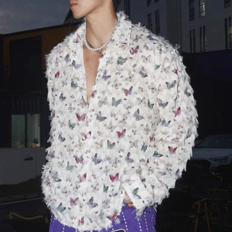 Mens Casual Feather Butterfly Long Sleeve Shirt Genderless 2024 New Fashion Personality Retro Youth All-Match Shirt Unisex