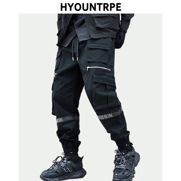 mens side pockets cargo pants elastic waist trousers streetwear hip hop loose fit ankle drawstring military sweatpants joggers streetwear sweatpants
