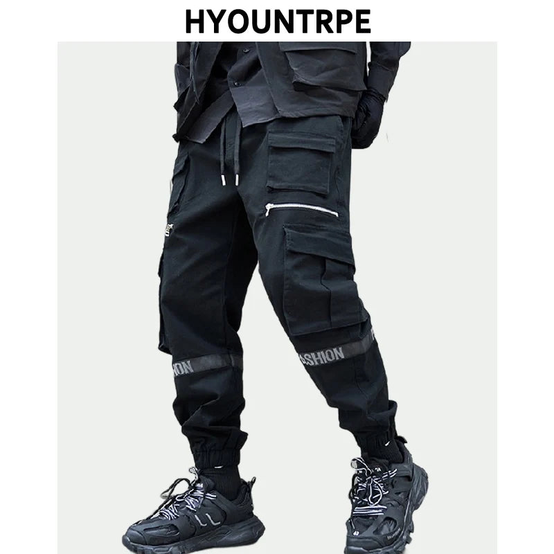 mens side pockets cargo pants elastic waist trousers streetwear hip hop loose fit ankle drawstring military sweatpants joggers streetwear sweatpants