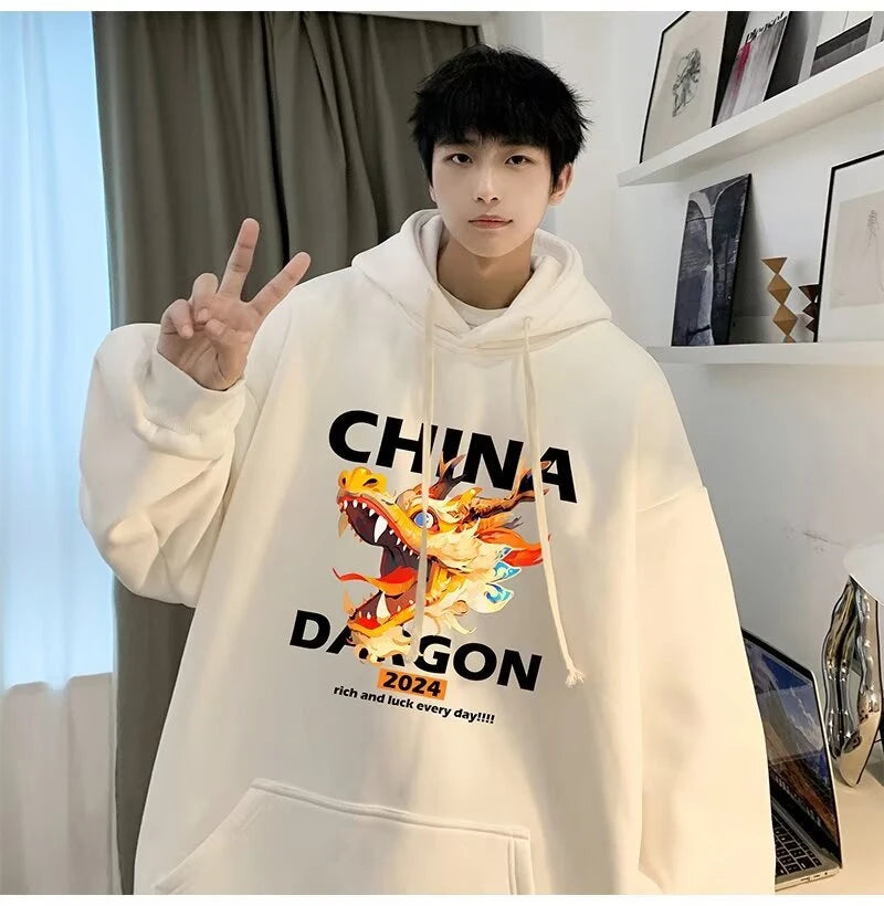 2024 New China Dragon Graphic Hoodies Men Hip Hop Streetwear Hoodie