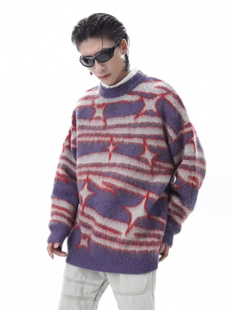 japanese hip hop sweater set men contrast zebra pattern round neck knit top splicing distressed loose jeans 2 pcs harajuku suit unique jeans style 4526