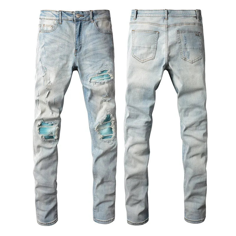 american style high street light blue ripped jeans mens pic slim fit stretch ripped skinny pants unique jeans style 1980