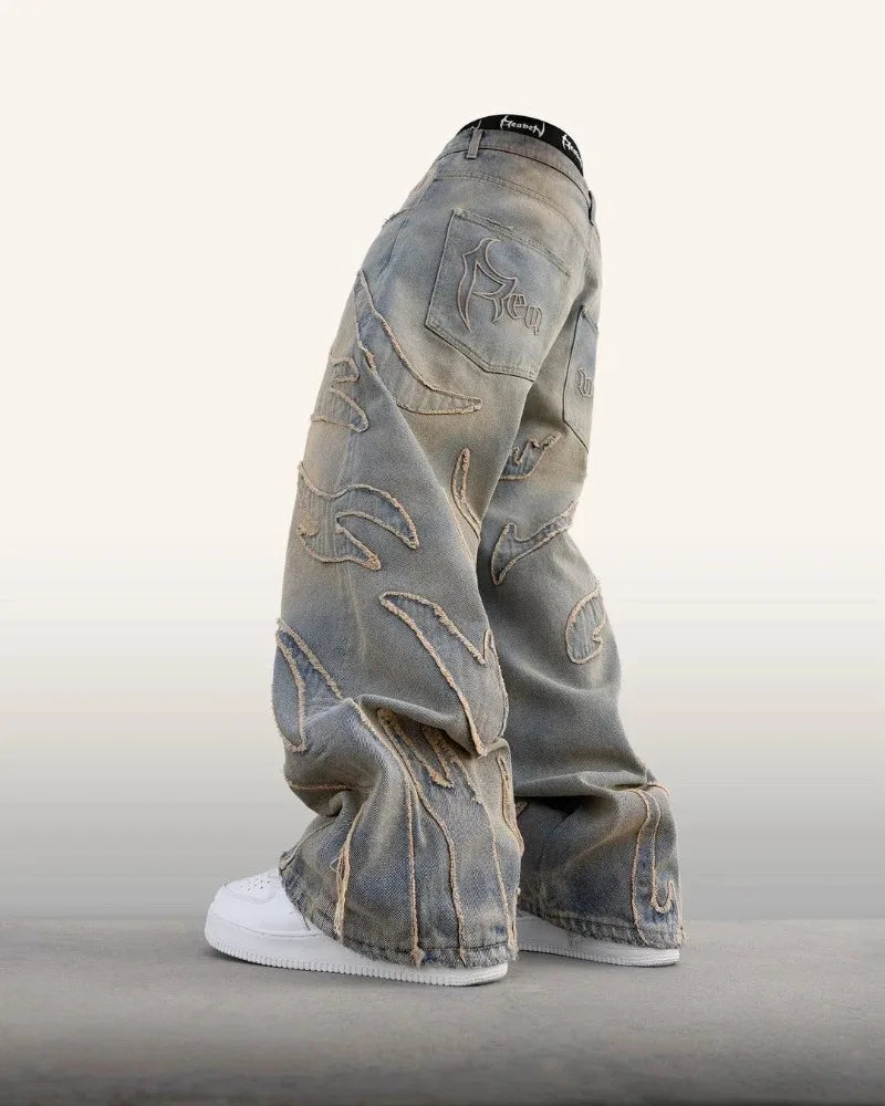 new hot selling ripped raw edge embroidered denim trousers retro harajuku baggy jeans y2k men women hip hop punk casual pants unique jeans style 837