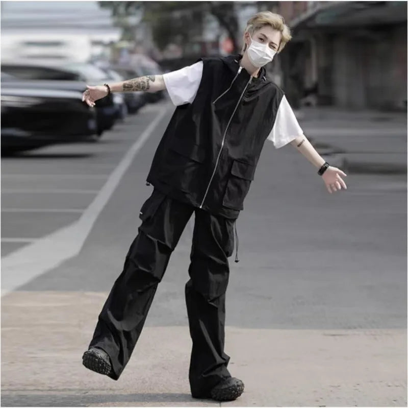 summer casual sleeveless set men hip hop loose hooded vest pockets straight leg cargo pants 2 piece outdoors sports camp suit unique cargo style 4416