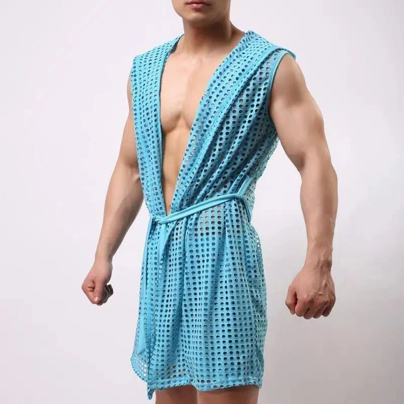 Men Robes Brand Male Sexy Bathrobe Sleepwear Sleeveless Bath Robe Sleep Lounge Badjas Cutout Cardigan Loungewear Mesh Menswear