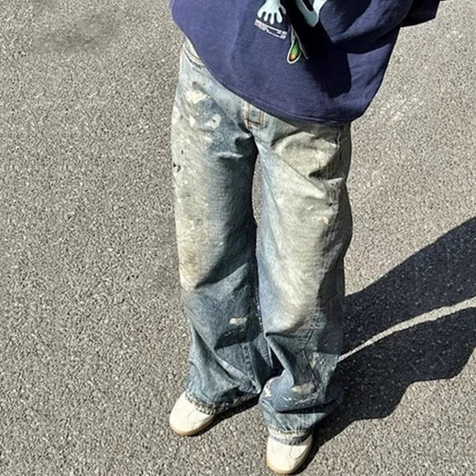 dirty tie dye baggy jeans mens streetwear hip hop loose blue denim pants hi street luxury designer jeans trousers man ripped baggy denim