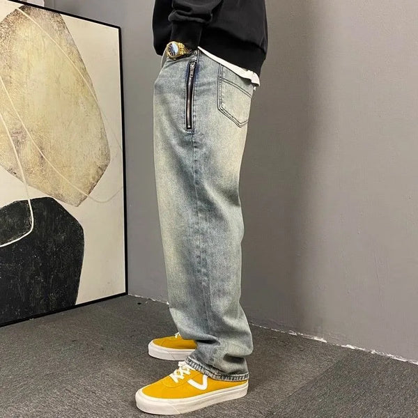 American casual ruffian handsome washed retro zipper jeans men straight loose trendy brand wide-leg trousers men