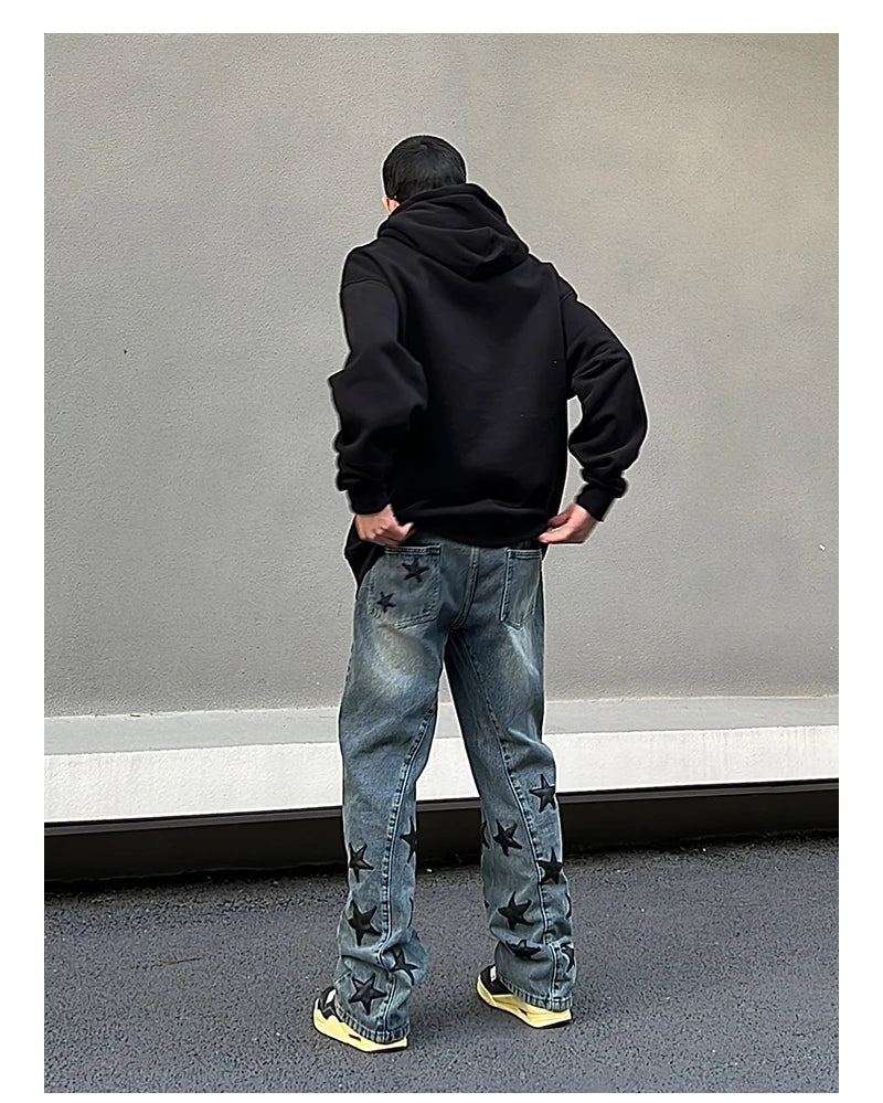mens high street stars embroidery denim jean pants casual loose straight jeans hip hop y2k unisex pants streetwear joggers unique joggers style 3935