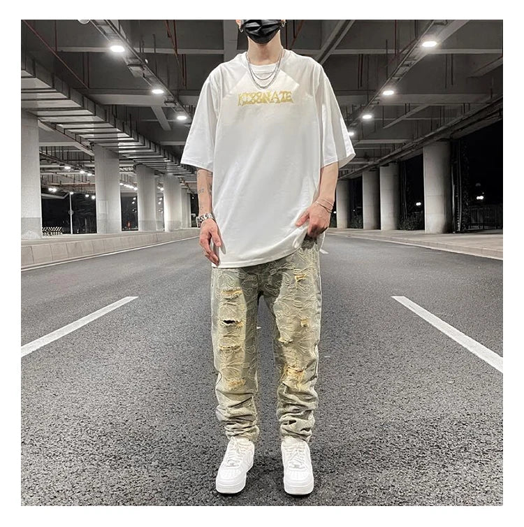 fashion paisy denim jeans mens destoryed holes zipper jeans pants hip hop streetwear new summer casual joggers loose jeans pants unique joggers style 2231
