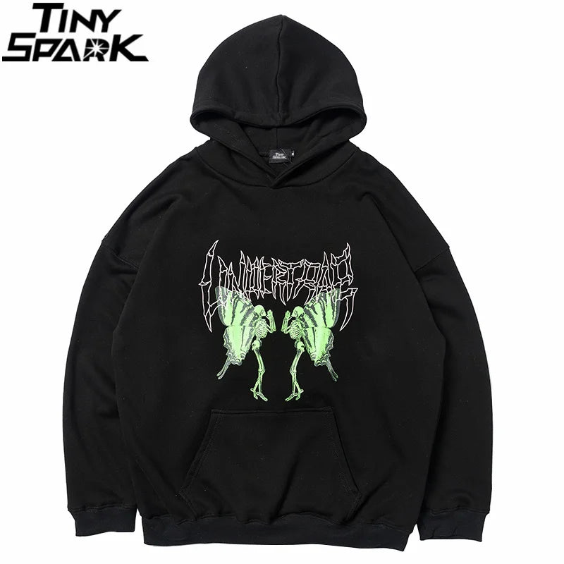 2023 Men Hip Hop Hoodie Sweatshirt Dancing Skull Butterfly Print Harajuku Hoodie Streetwear Winter Fleece Hooded Pullover Cotton