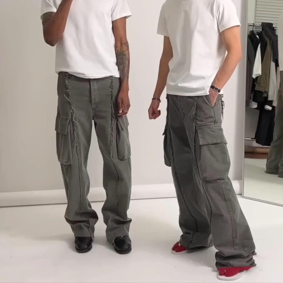 y2k streetwear tassel multi pocket jeans for men straight solid baggy cargo pants pantalones hombre casual denim trousers unique cargo style 765