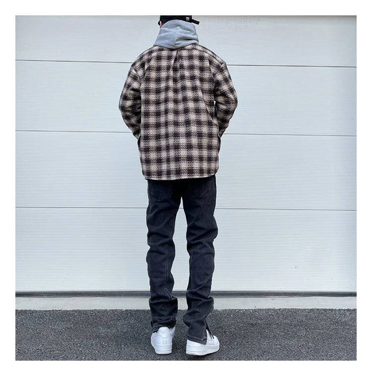 Mens Plaid Shirts New Fashion Single Breasted Hip Hop Loose Shirts Autumn Winter Casual Long Sleeve High Street Streetwear