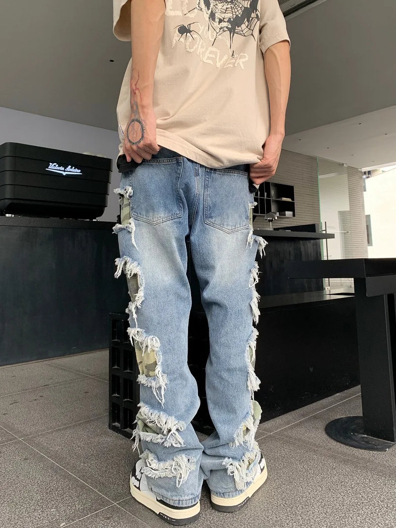 side destroyed ripped holes denim jeans pants mens casual patchwork camouflage loose straight joggers hip hop streetwear jeans unique joggers style 4079