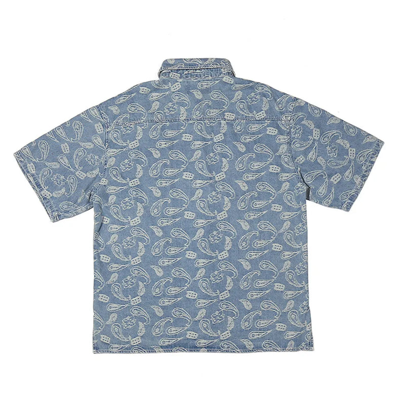 New 2022 Men luxurious Paisley West Coast CRIPS Bloods Fashion Denim Casual Shirts Shirt high Pocket Short-sleeves S 2XL #A630