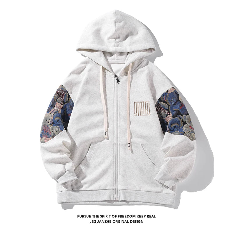 Spring Autumn New Mens Hoodies Embroidered Patterns Loose Fashion Kore