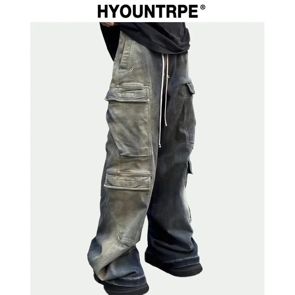 fashion denim baggy cargo jean pants men hip hop elastic waist wide legs retro washed jeans side pocket streetwear jeans joggers casual joggers