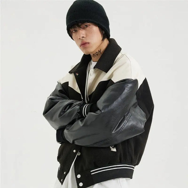 Korean Retro Street PU Leather Patchwork Baseball Jacket Men Autumn Trendy Brand INS Street Couple Leisure Motorcycle Jacket