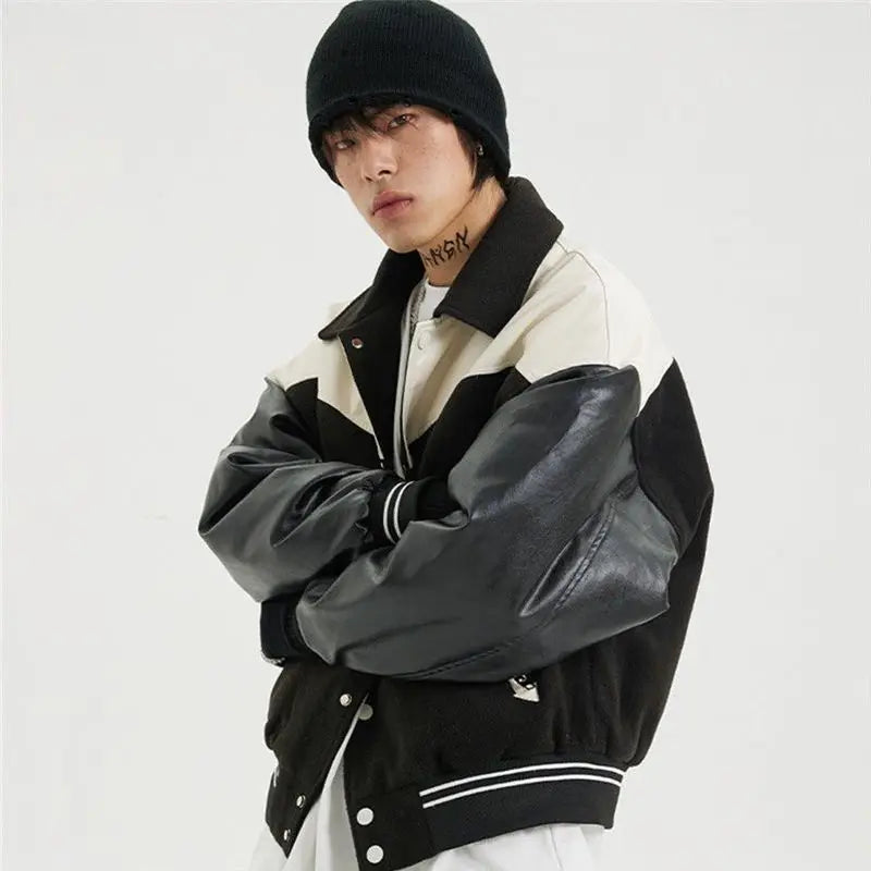 Korean Retro Street PU Leather Patchwork Baseball Jacket Men Autumn Trendy