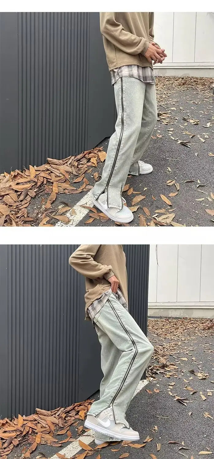 2023 new fashion side zipper hip hop men stretch jeans pants streetwear washed retro straight women denim trousers ropa hombre unique jeans style 734