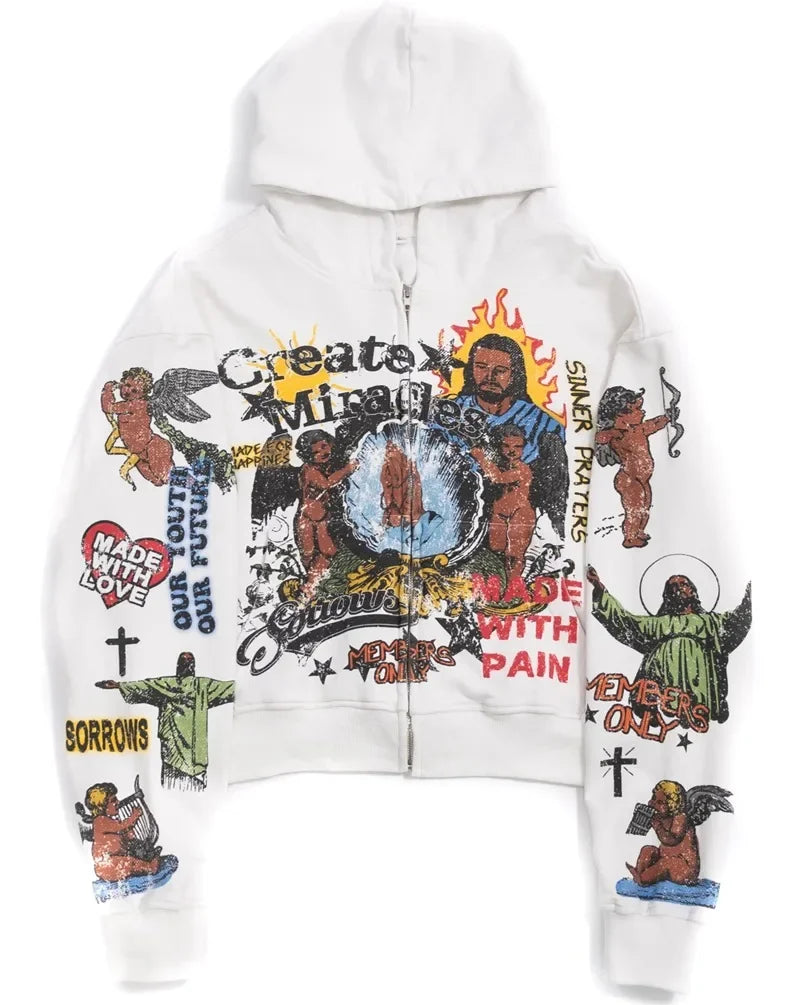 2024 Y2K High Street Cartoon Anime Print Oversized Hoodie Women Fashio