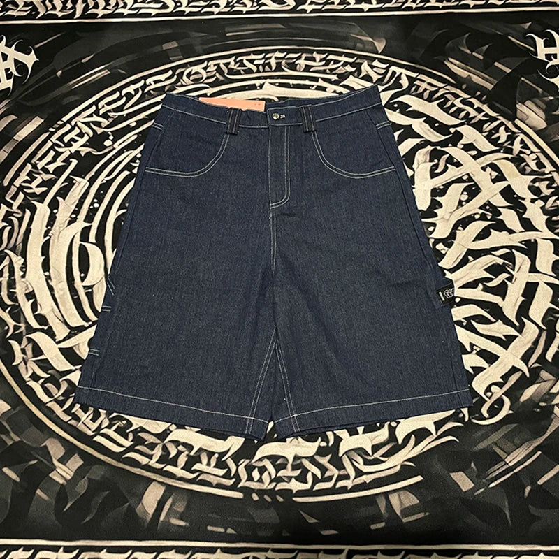 high street embroidery casual over knee summer jeans shorts mens wide leg baggy y2k denim short oversized five point pants unique jeans style 3554