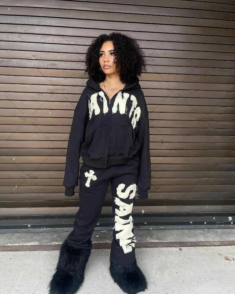 high street harajuku retro straight trousers letter embroidered knitted pants couple fashion casual oversized wide leg pants clean everyday pants