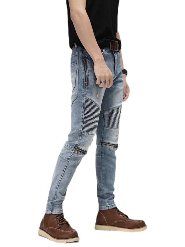 knee zipper patchwork pleated skinny denim jeans men casual slim biker trousers jeans fashion streetwear hip hop pants joggers relaxed fit joggers
