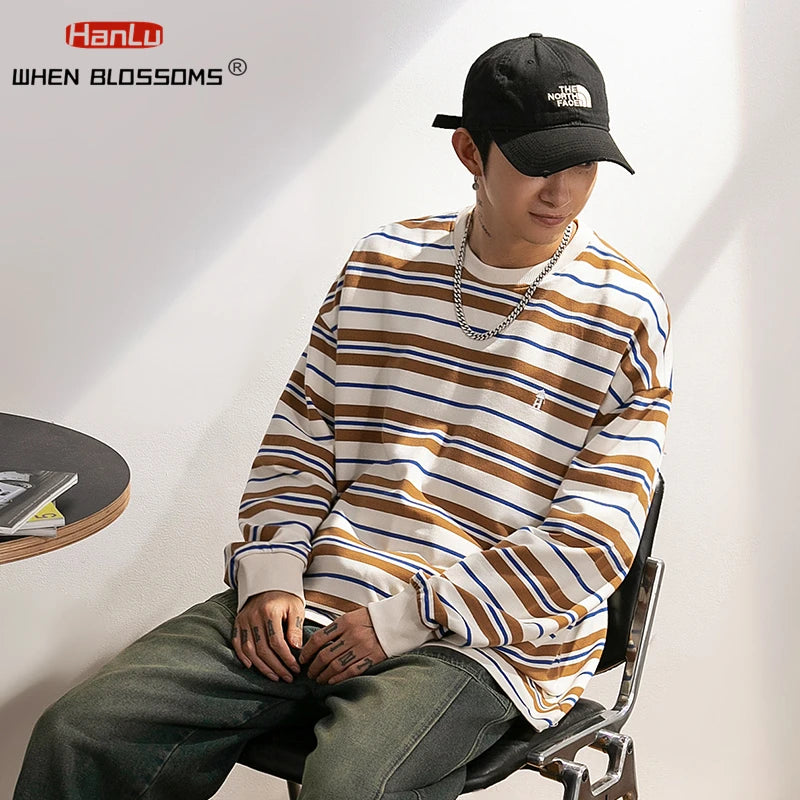 Vaporwave Oversized shirt – Embroidered Striped Contrast Round Neck Cotton Sweatshirts A