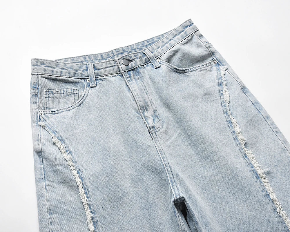 side striped washed ripped blue jeans for men and women streetwear baggy casual denim trousers straight light blue cargo pants unique cargo style 4289