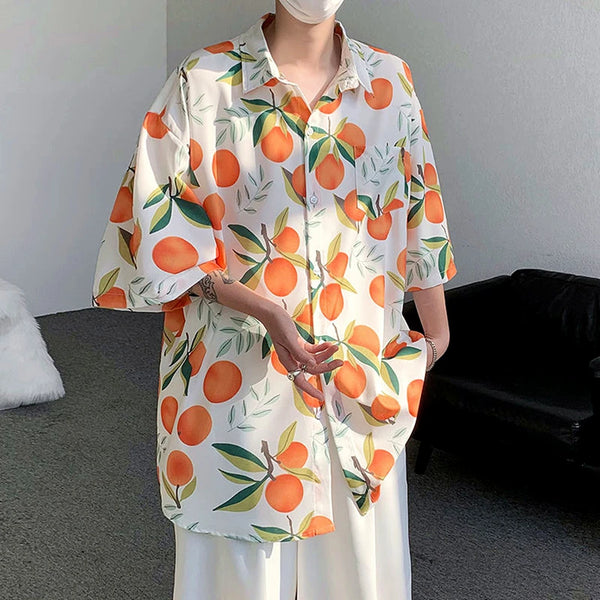 Gothic Streetwear – Orange Cute Fruit Peaches Full Print Shirts Loose Half Sleev – Modern Streetwear for Everyone