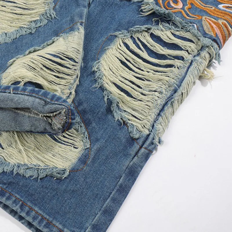 fashion embroidery destroyed ripped tassel holes denim jean pants mens casual loose straight jeans hip hop streetwear joggers unique joggers style 4333