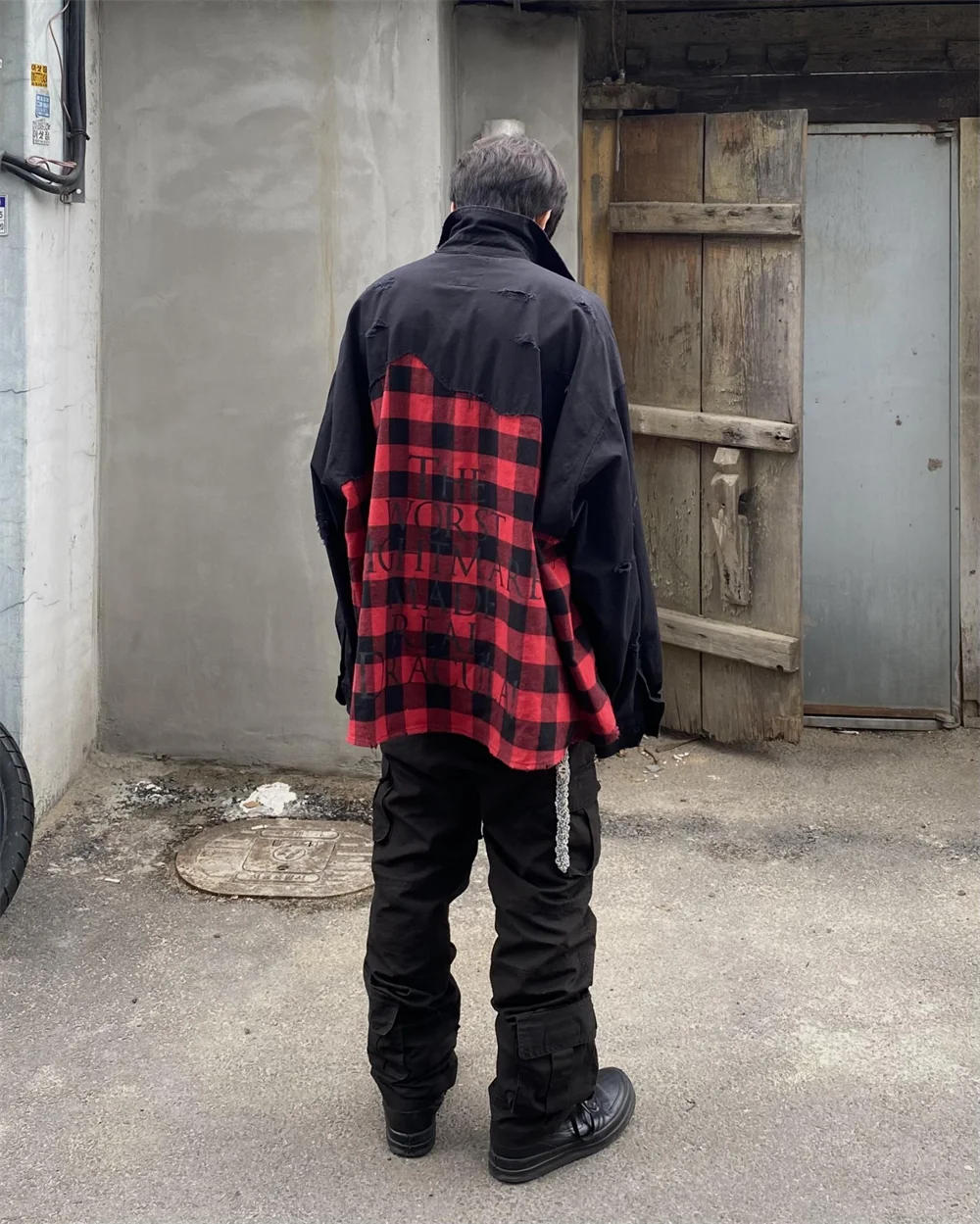 Undermycar 2023 New Worn Out Heavy Work Durable Splice Extra Large Loose Plaid Shirt with Black and Red Plaid