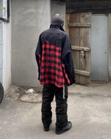 Undermycar 2023 New Worn Out Heavy Work Durable Splice Extra Large Loose Plaid Shirt with Black and Red Plaid