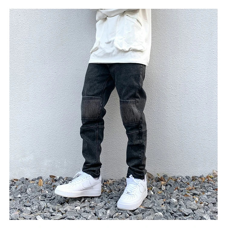 high street white knee pleated vertical stripe elastic fit skinny jeans male casual small leg jeans pants slim mens clothing unique jeans style 3667