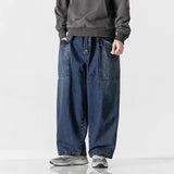 large size jeans basic denim pants solid color mens casual wide leg pants waist elastic hip hop baggy man trousers vintage washed jeans