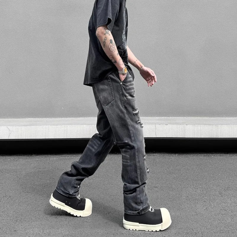high street distressed black hole washed destroyed jeans casual ripped logging pants straight wide leg denim pants for men ripped baggy denim