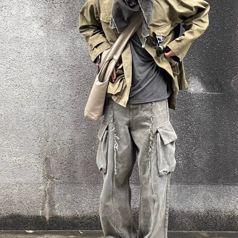 y2k streetwear tassel multi pocket jeans for men straight solid baggy cargo pants pantalones hombre casual denim trousers 1 baggy cargo bottoms