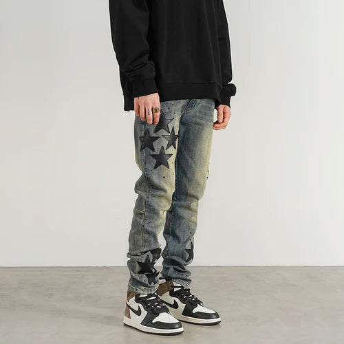star appliques denim jeans skinny trousers slim fit men new casual biker jeans fashion streetwear hip hop trousers pants joggers unique joggers style 3547