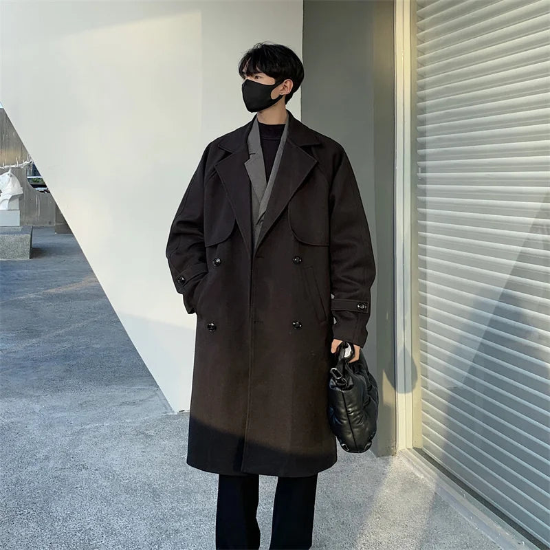 Men's Autumn Winter Mid Length Woolen Coat New Korean Tide Black Thickned Overcoat Long Sleeve Double-breasted Jackets