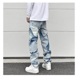 ripped irregular patchwork design denim jeans men casual zipper biker trousers jeans fashion streetwear hip hop pants joggers unique joggers style 3628