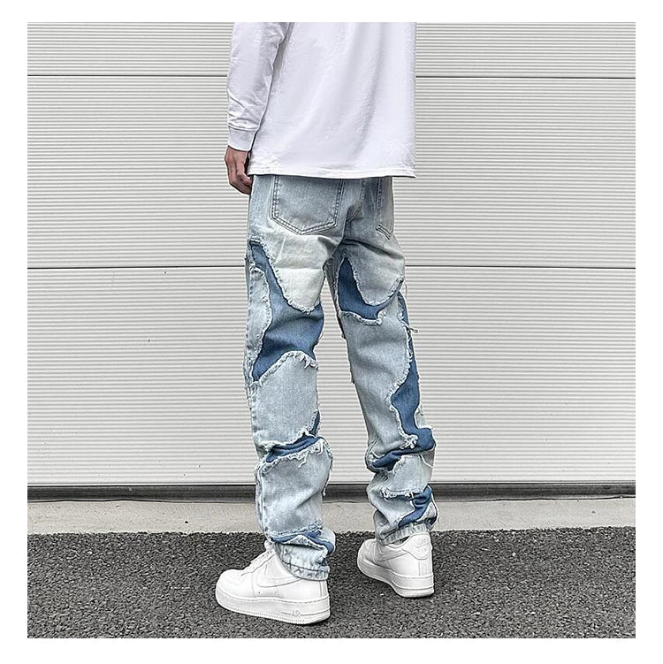 ripped irregular patchwork design denim jeans men casual zipper biker trousers jeans fashion streetwear hip hop pants joggers unique joggers style 3628