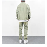 High Street Washed Hole Frayed Yellow Mud Jeans Men's Harajuku Retro Straight Pockets Solid Color Baggy Casual Denim Trousers